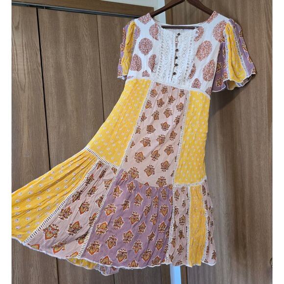 Anthropologie Melody Lace Trim Button Front Tie Back Patchwork Dress - Picture 5 of 12